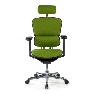 cadeira ergonomica verde estrutura preta todo estofado tecido bracos moveis apoio de cabeca 3