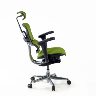 cadeira ergonomica verde estrutura preta todo estofado tecido bracos moveis apoio de cabeca 5
