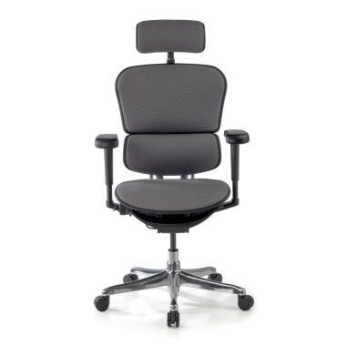 cadeira ergonomica cinza estrutura preta todo estofado tecido bracos moveis apoio de cabeca 3