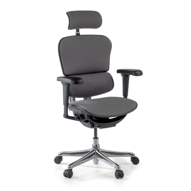cadeira ergonomica cinza estrutura preta todo estofado tecido bracos moveis apoio de cabeca 1