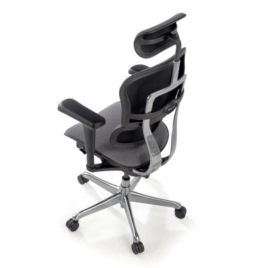 cadeira ergonomica cinza estrutura preta todo estofado tecido bracos moveis apoio de cabeca 10
