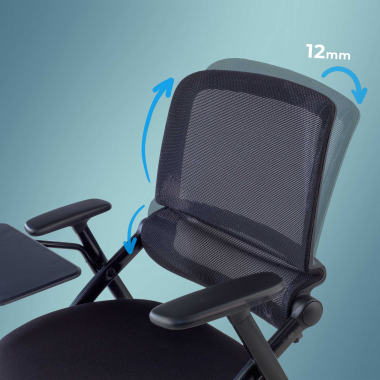 cadeira com palmatoria preto com pala de escrita rodizios malha mesh bracos moveis 3
