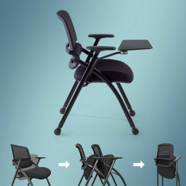 cadeira com palmatoria preto com pala de escrita rodizios malha mesh bracos moveis 5