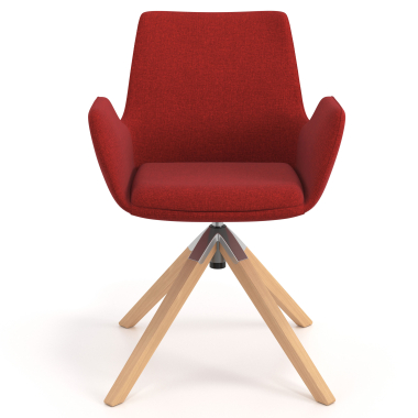cadeira nordica vermelho giratoria madeira tecido bracos estofados 4