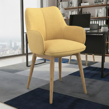 cadeira nordica amarelo pes de madeira tecido bracos estofados 2