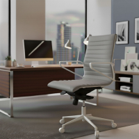 Cadeira de escritório Design Cagliari, estrutura branca, encosto baixo, couro ecológico