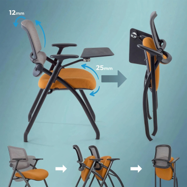 cadeira com palmatoria laranja com pala de escrita malha mesh bracos moveis 4