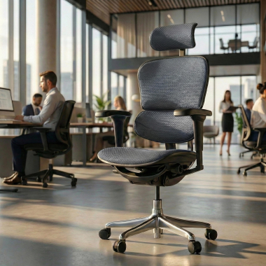 cadeira ergonomica cinza estrutura preta todo estofado tecido bracos moveis apoio de cabeca 2