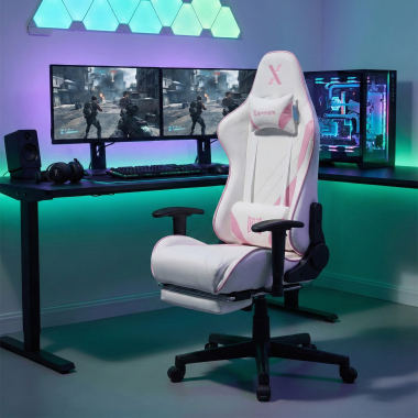 cadeira gaming branco rosa epic pele sintetica bracos moveis almofada lombar e cervical apoio de cabeca apoio de pes extensivel 2