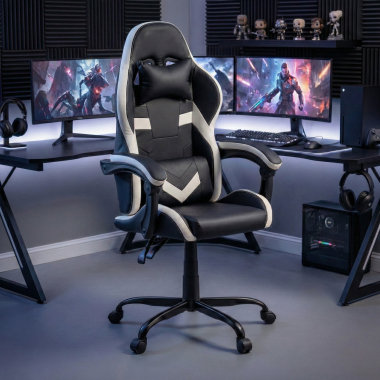 cadeira gaming branco preto mist pele sintetica bracos rebativeis almofada de apoio de cabeca apoio de cabeca 2