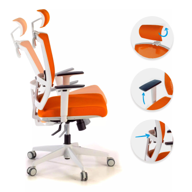 cadeira ergonomica branco laranja estrutura branca reposacabecas malha mesh bracos regulaveis 1d apoio lombar apoio de cabeca 3