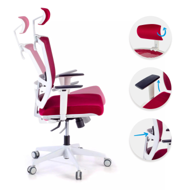 cadeira ergonomica branco vermelho estrutura branca reposacabecas malha mesh bracos regulaveis 1d apoio lombar apoio de cabeca 3