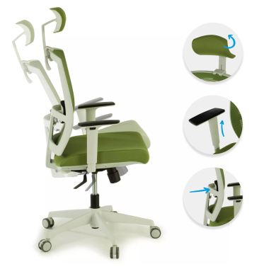 cadeira ergonomica branco verde estrutura branca reposacabecas malha mesh bracos regulaveis 1d apoio lombar apoio de cabeca 3