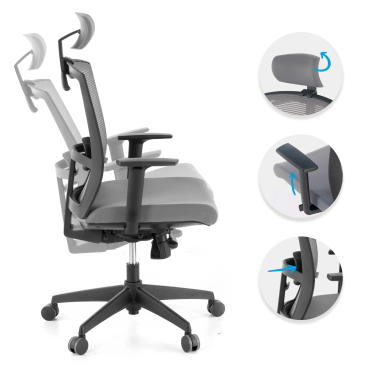 cadeira ergonomica cinza estrutura negra reposacabecas malha mesh bracos regulaveis 1d apoio lombar apoio de cabeca 3
