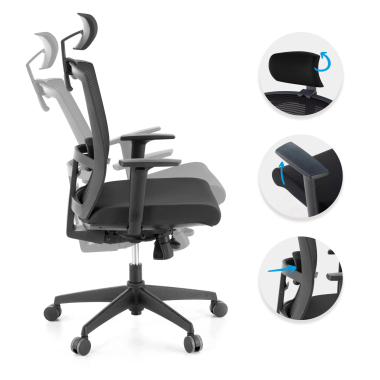 cadeira ergonomica preto estrutura negra reposacabecas malha mesh bracos regulaveis 1d apoio lombar apoio de cabeca 3