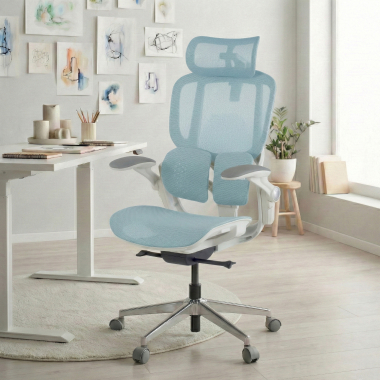 cadeira ergonomica branco azul erghos one com apoio de cabeca malha mesh bracos regulaveis 3d apoio lombar duplo apoio de cabeca 2