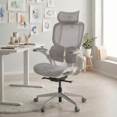 cadeira ergonomica branco cinzento erghos one com apoio de cabeca malha mesh bracos regulaveis 3d apoio lombar duplo apoio de cabeca 2