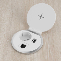 Passa-cabos para secretária Powerhub Ø80 com tomada, carregamento sem fios, USB e RJ45