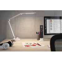 Candeeiro de secretária LED D80 com passa-cabos, tomada e portas USB