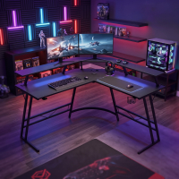 Secretária gaming em L Kratos, 130x130cm, RGB, tomadas e portas USB