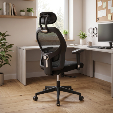 cadeira home office preto com apoio de cabeca malha mesh bracos regulaveis 2d apoio lombar apoio de cabeca 2