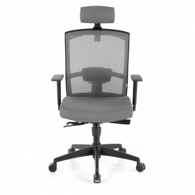 cadeira ergonomica cinza estrutura negra reposacabecas malha mesh bracos regulaveis 1d apoio lombar apoio de cabeca 4