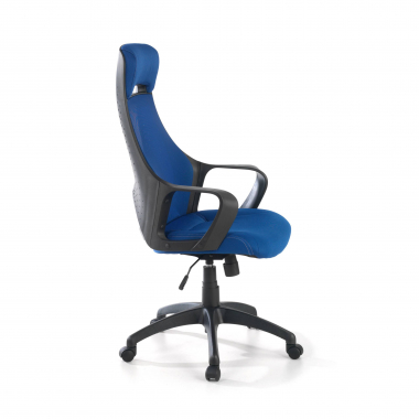 cadeira de escritorio azul estrutura negra malha mesh bracos fixos apoio de cabeca 7