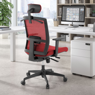cadeira ergonomica vermelho estrutura negra reposacabecas malha mesh bracos regulaveis 1d apoio lombar apoio de cabeca 2