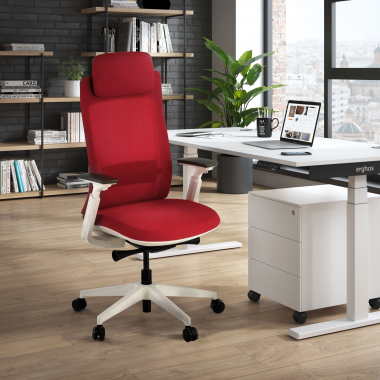 cadeira ergonomica branco vermelho estrutura branca tecido bracos regulaveis 3d 2