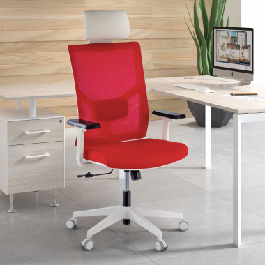 cadeira de escritorio branco vermelho estrutura branca reposacabecas malha mesh bracos regulaveis 1d apoio lombar apoio de cabeca 2