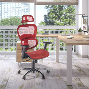 cadeira ergonomica vermelho estrutura negra malha mesh bracos regulaveis 3d apoio lombar duplo apoio de cabeca 2