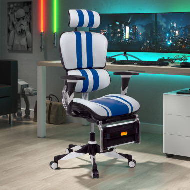 cadeira gaming azul ergoplus pele verdadeira bracos regulaveis 3d apoio lombar apoio de pes extensivel 2