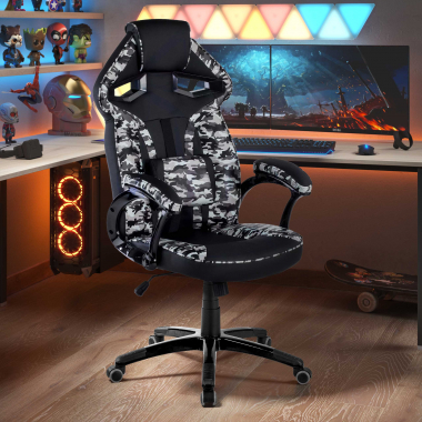 cadeira gaming cinza camuflagem pele sintetica bracos fixos 2