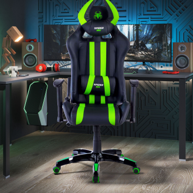 cadeira gaming verde spider pele sintetica bracos moveis almofada lombar e cervical apoio de cabeca 2