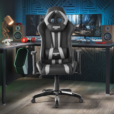 cadeira gaming cinza spider pele sintetica bracos moveis almofada lombar e cervical apoio de cabeca 2