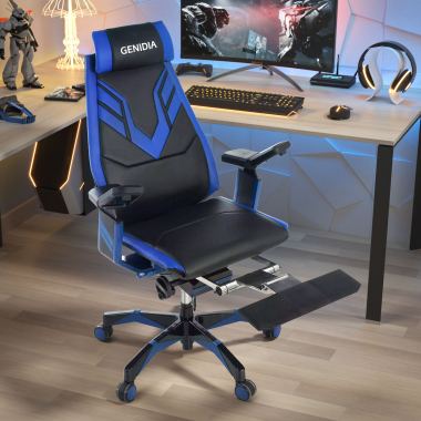 cadeira gaming azul genidia pele verdadeira bracos regulaveis 5d apoio lombar apoio de pes extensivel 2