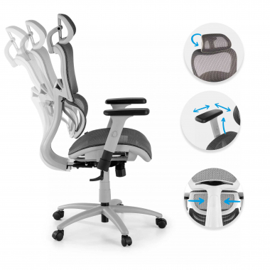 cadeira ergonomica branco cinzento estrutura branca malha mesh bracos regulaveis 3d apoio lombar duplo apoio de cabeca 3