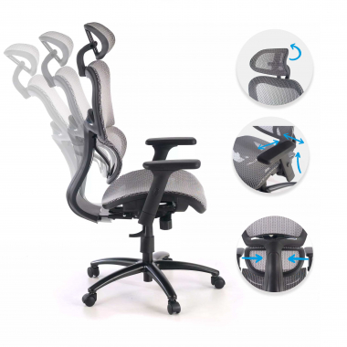cadeira ergonomica cinza estrutura negra malha mesh bracos regulaveis 3d apoio lombar duplo apoio de cabeca 3