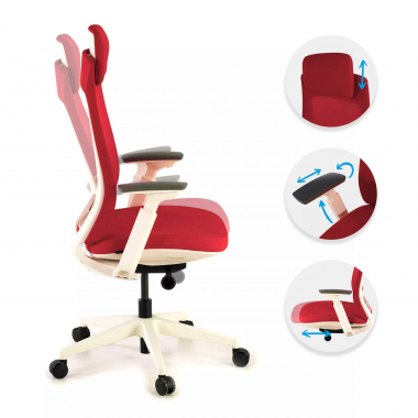 cadeira ergonomica branco vermelho estrutura branca tecido bracos regulaveis 3d 3