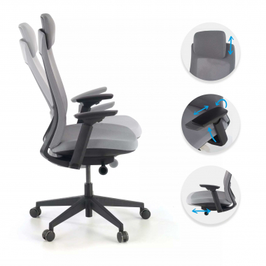 cadeira ergonomica cinza estrutura negra tecido bracos regulaveis 3d 3