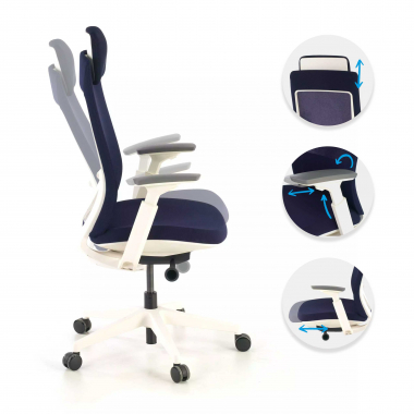 cadeira ergonomica branco azul estrutura branca tecido bracos regulaveis 3d 3