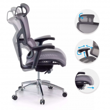 cadeira ergonomica cinza next1 com reposacabecas malha mesh bracos regulaveis 4d apoio lombar apoio de cabeca 3