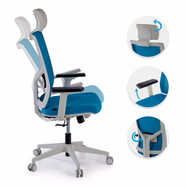 cadeira de escritorio branco azul estrutura branca reposacabecas malha mesh bracos regulaveis 1d apoio lombar apoio de cabeca 3