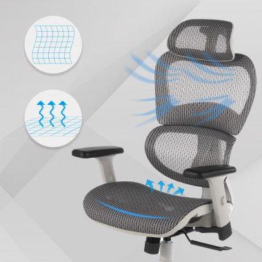 cadeira ergonomica branco cinzento estrutura branca malha mesh bracos regulaveis 3d apoio lombar duplo apoio de cabeca 4