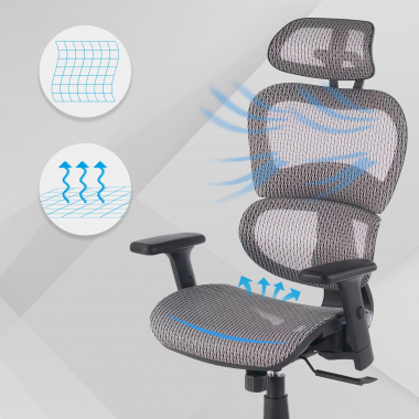cadeira ergonomica cinza estrutura negra malha mesh bracos regulaveis 3d apoio lombar duplo apoio de cabeca 4