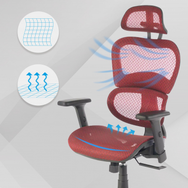 cadeira ergonomica vermelho estrutura negra malha mesh bracos regulaveis 3d apoio lombar duplo apoio de cabeca 4