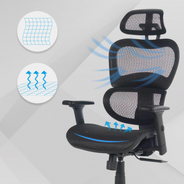 cadeira ergonomica preto estrutura negra malha mesh bracos regulaveis 3d apoio lombar duplo apoio de cabeca 4