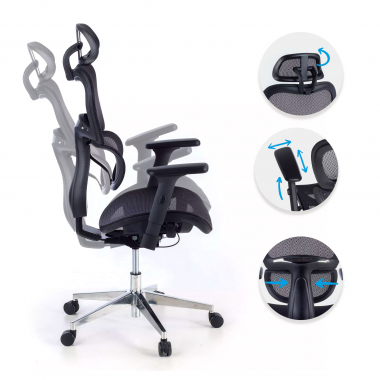 cadeira ergonomica preto estrutura negra base cromada malha mesh bracos regulaveis 3d apoio lombar duplo apoio de cabeca 3