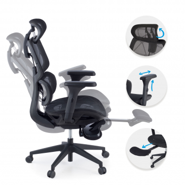 cadeira ergonomica preto every malha mesh bracos regulaveis 3d apoio de cabeca apoio de pes extensivel 3
