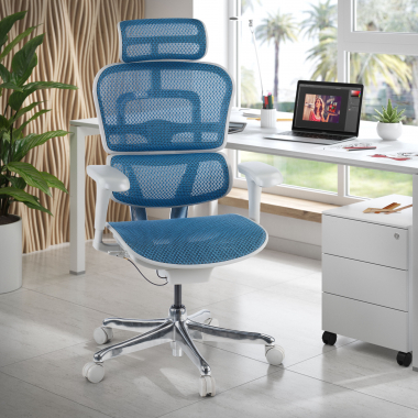 cadeira ergonomica branco azul estrutura branca red malha mesh bracos moveis apoio de cabeca 2